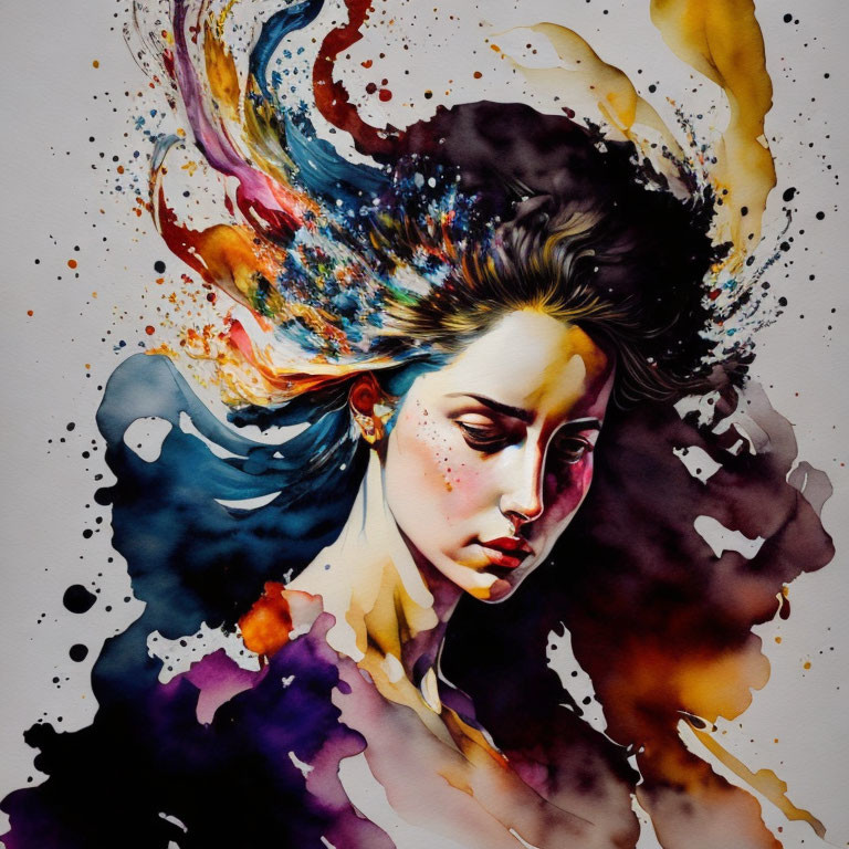 Colorful Watercolor Painting of Woman with Flowing Hair