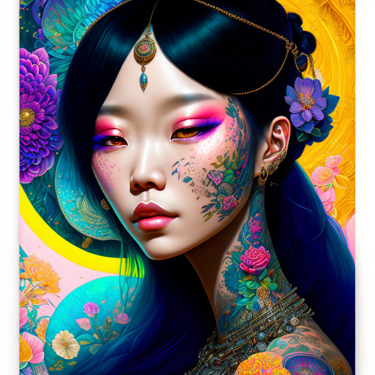 Colorful digital portrait of woman with blue hair and gold jewelry, surrounded by flowers and yellow aura