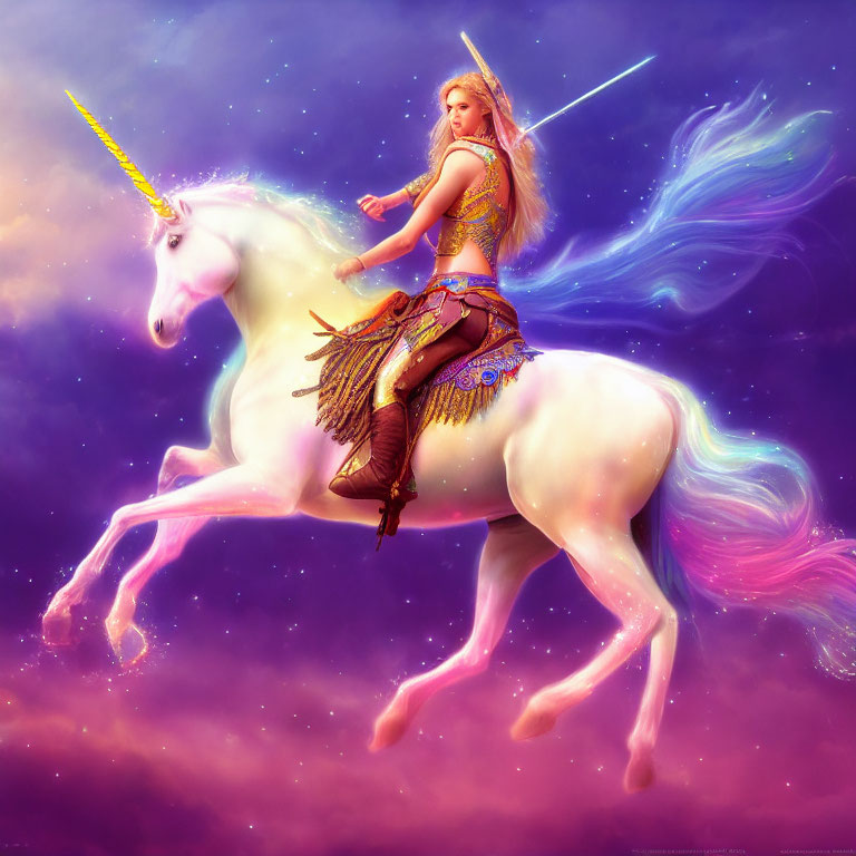 Fantasy illustration of woman with sword on white unicorn in celestial setting