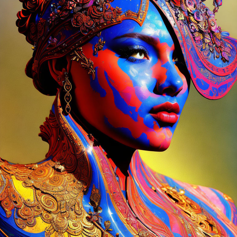 Vibrant portrait featuring blue and red face paint with golden headpiece