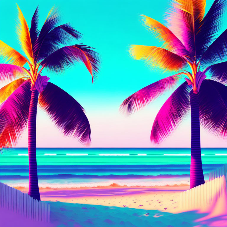 Colorful Tropical Beach Scene with Neon Palm Trees & Sunset Sky