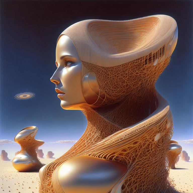 Surreal female portrait with elongated headpiece in desert setting