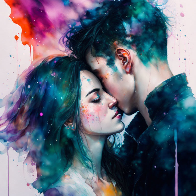 Colorful Embrace Surrounded by Paint-like Splashes