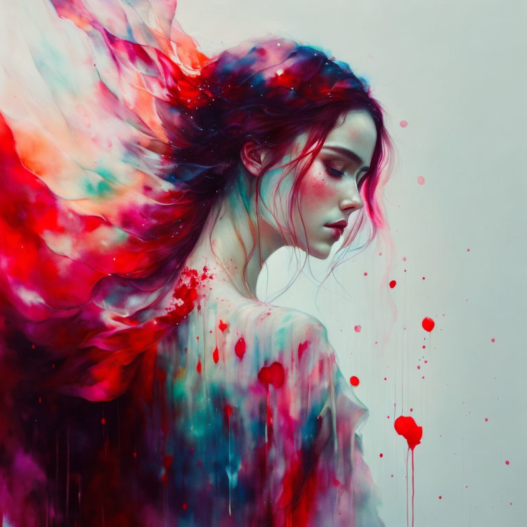 Colorful woman with vibrant wings blending into explosion of color