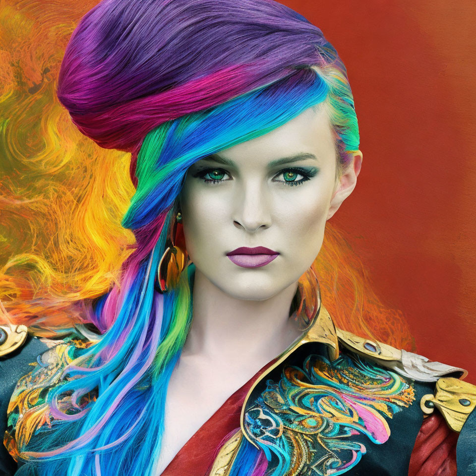 Colorful Rainbow Hair and Bold Makeup on Woman in Fiery Background