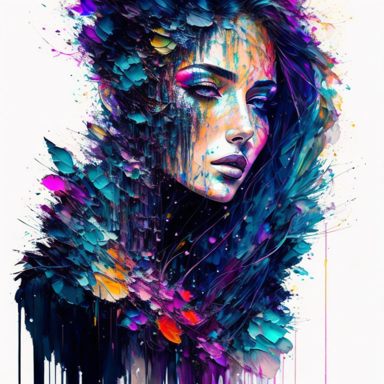 Colorful digital artwork: Woman with abstract feather and paint splash in hair.