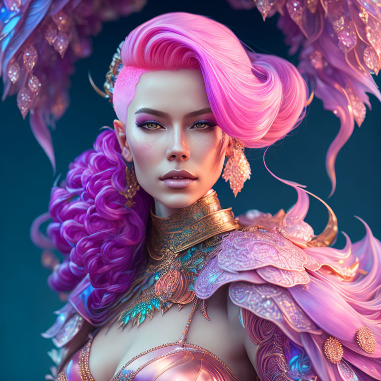 Vibrant pink hair and golden armor on female character in blue-hued mystical setting