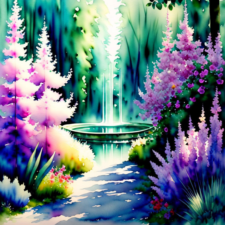 Vibrant watercolor painting of whimsical garden with glowing fountain