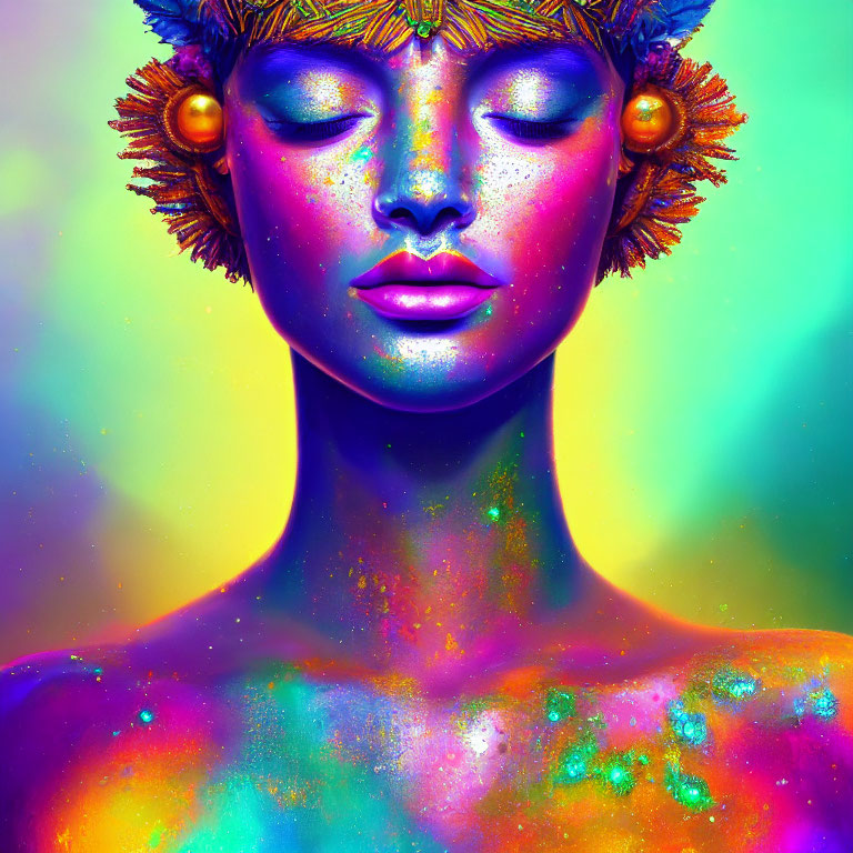 Colorful digital portrait of a person in golden headdress with closed eyes.