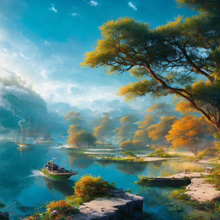 Tranquil riverscape with small boat, misty waters, lush trees, golden foliage, and