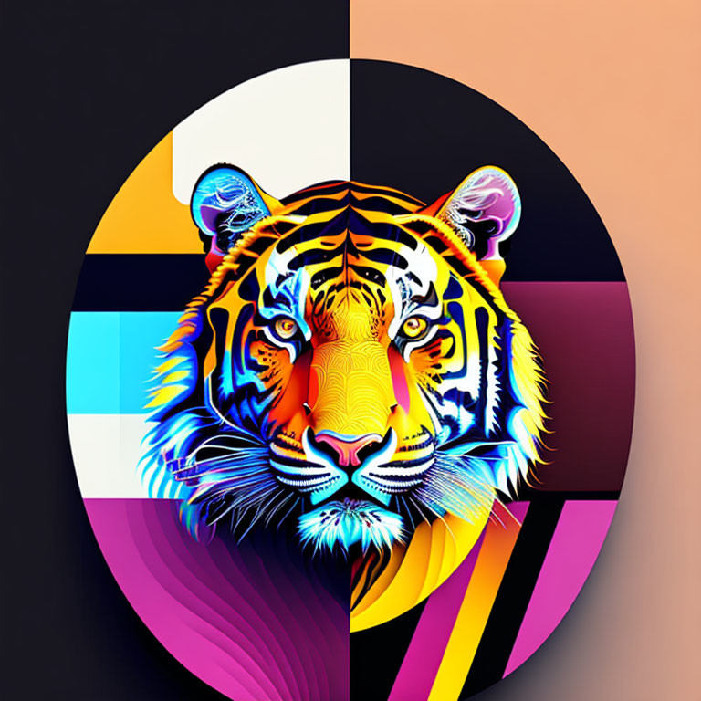 Colorful Tiger Face Artwork with Abstract Background Patterns