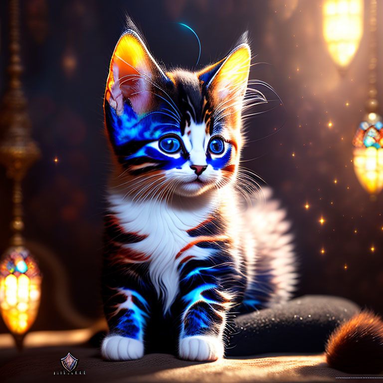 Colorful digital art: Kitten with blue eyes, orange and black stripes, in bokeh-l