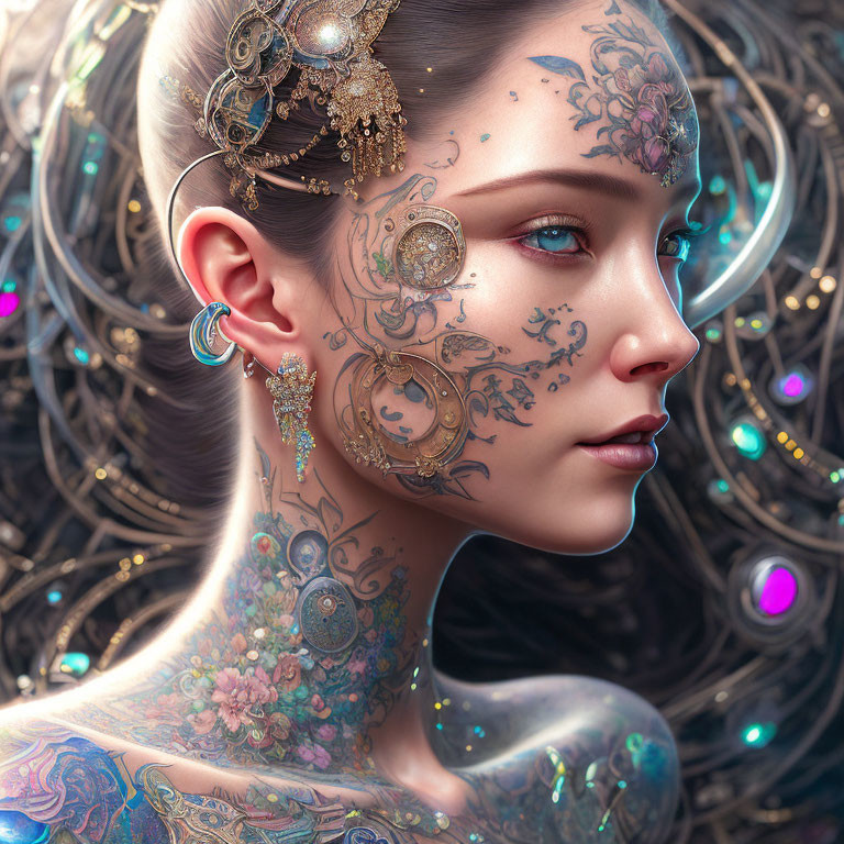 Detailed woman portrait with tattoos, jewelry, glowing jewels, and metallic backdrop