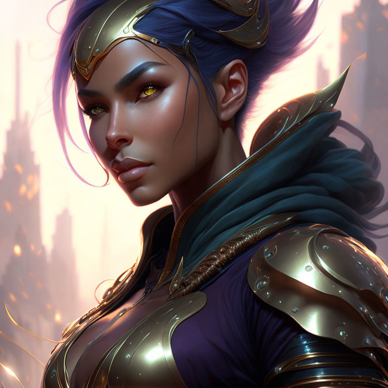 Digital artwork: Woman with blue hair and golden armor, yellow eyes, elegant helmet, blurred cityscape