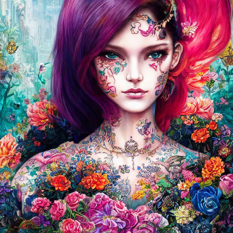 Colorful illustration of woman with purple hair and floral tattoos in lush garden