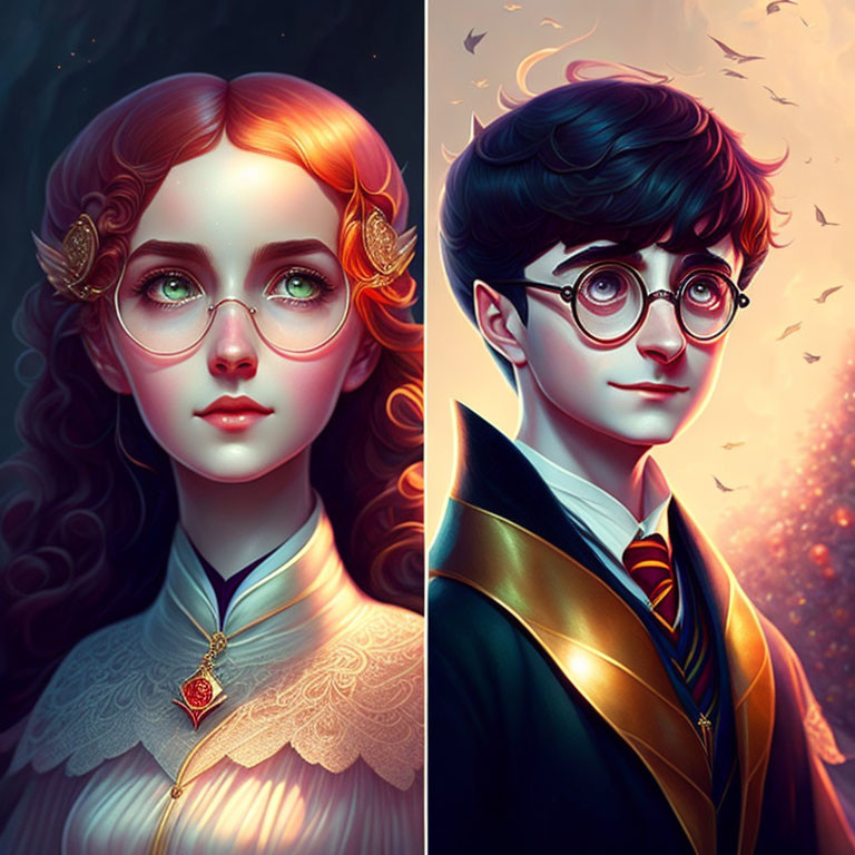 Fantasy-styled young woman and boy in wizard costume portraits with intricate accessories against glowing backdrop