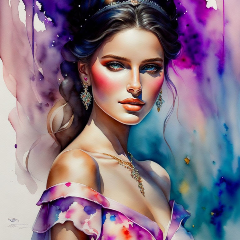 Digital artwork: Woman with blue eyes, tiara, purple outfit, watercolor background
