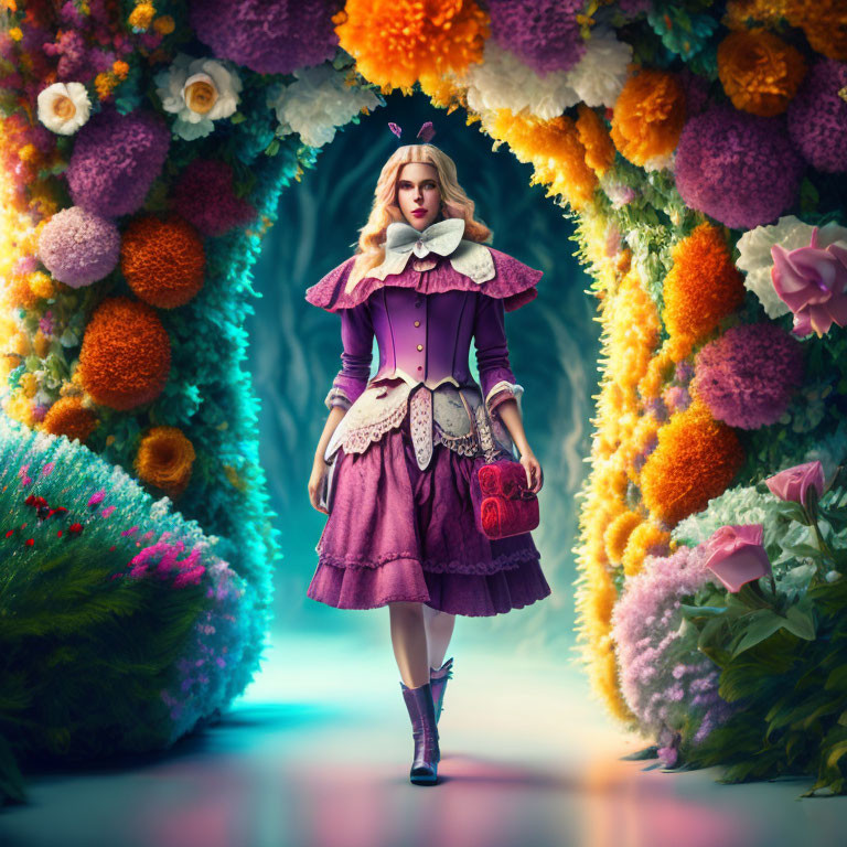 Woman in purple dress with heart-shaped purse under floral archway