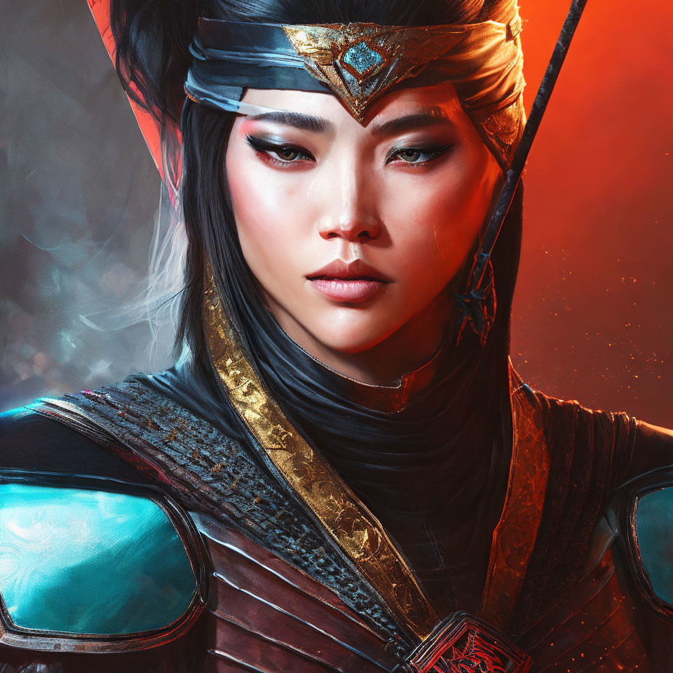 Digital art portrait of warrior woman with East Asian features in blue and red armor.