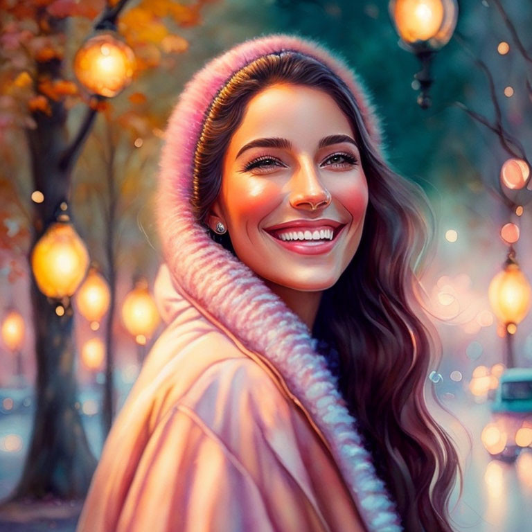 Radiant woman in fur-trimmed coat among glowing lanterns and autumn foliage