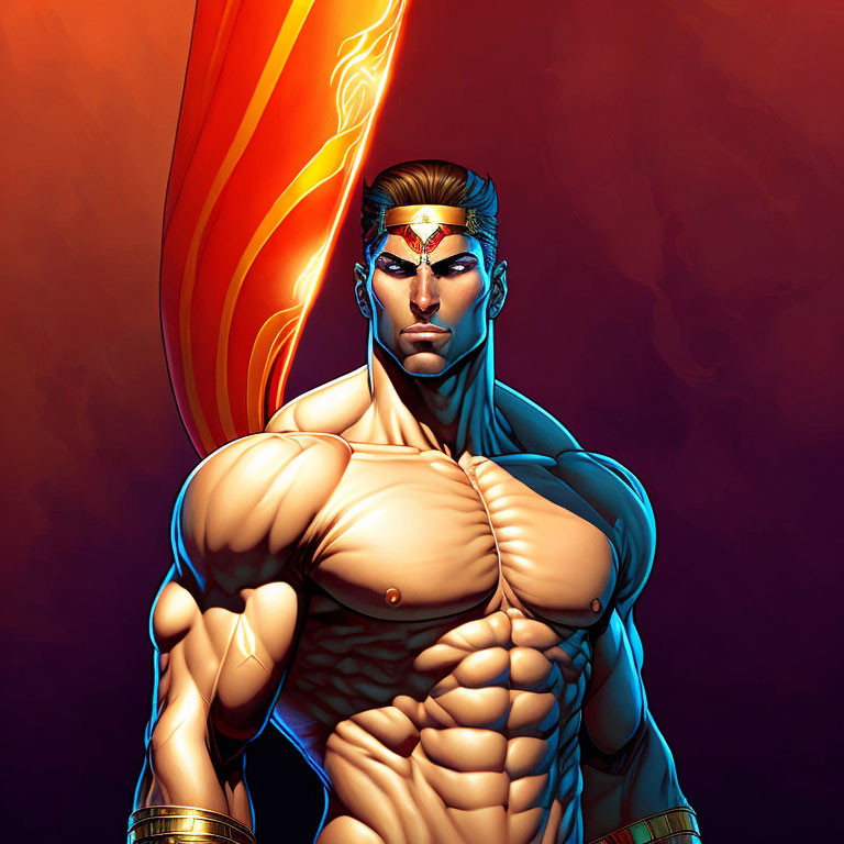 Muscular superhero with glowing lasso and tiara on fiery background