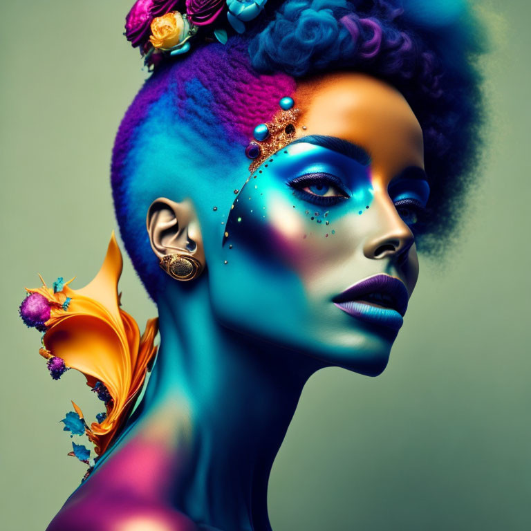 Colorful portrait of person in blue and purple body paint with vibrant makeup and floral hairpiece on teal