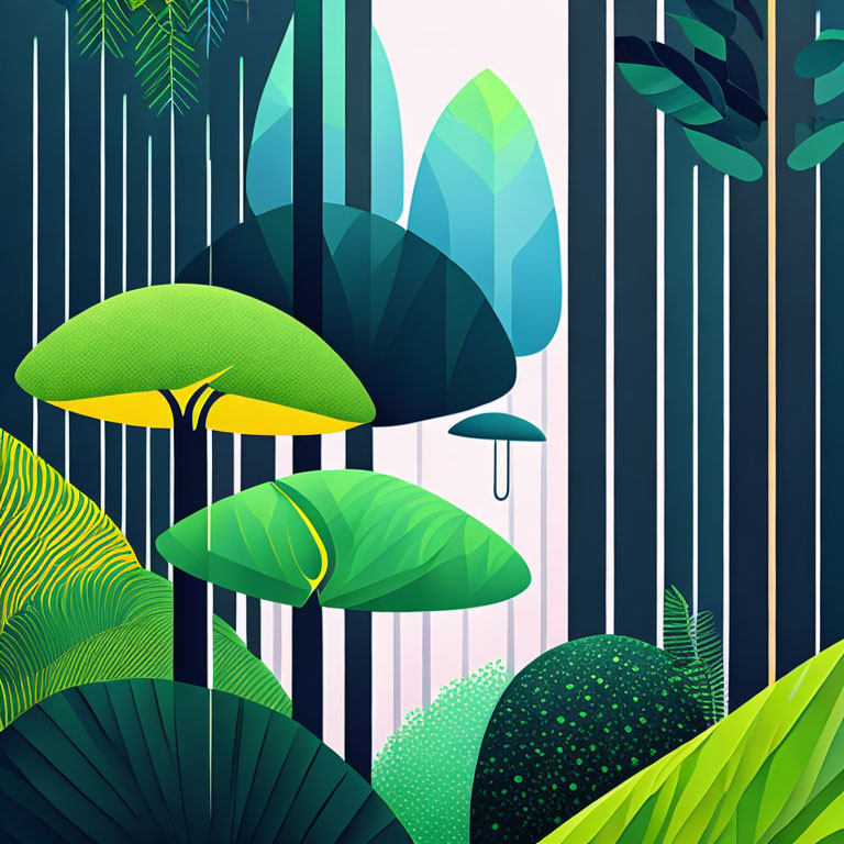 Colorful Stylized Forest Illustration with Abstract Trees and Vibrant Leaves