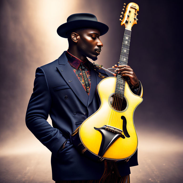 Man in suit and hat holding guitar on dark dramatic background