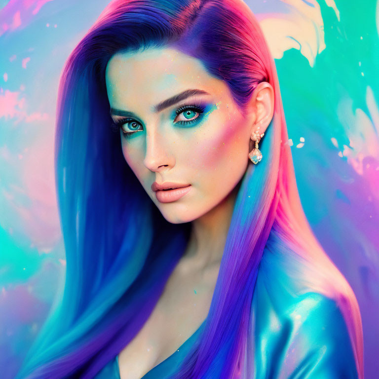 Vibrant blue and purple hair woman with striking blue eyes and colorful makeup on psychedelic background