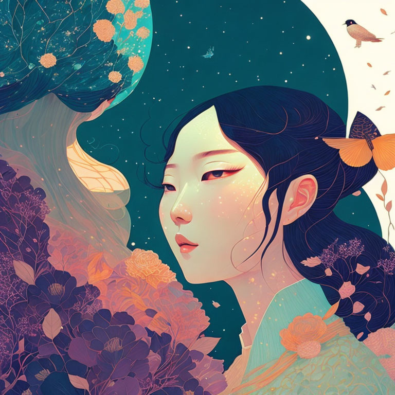 Illustration of woman with flower hair, night sky, butterflies, and bird