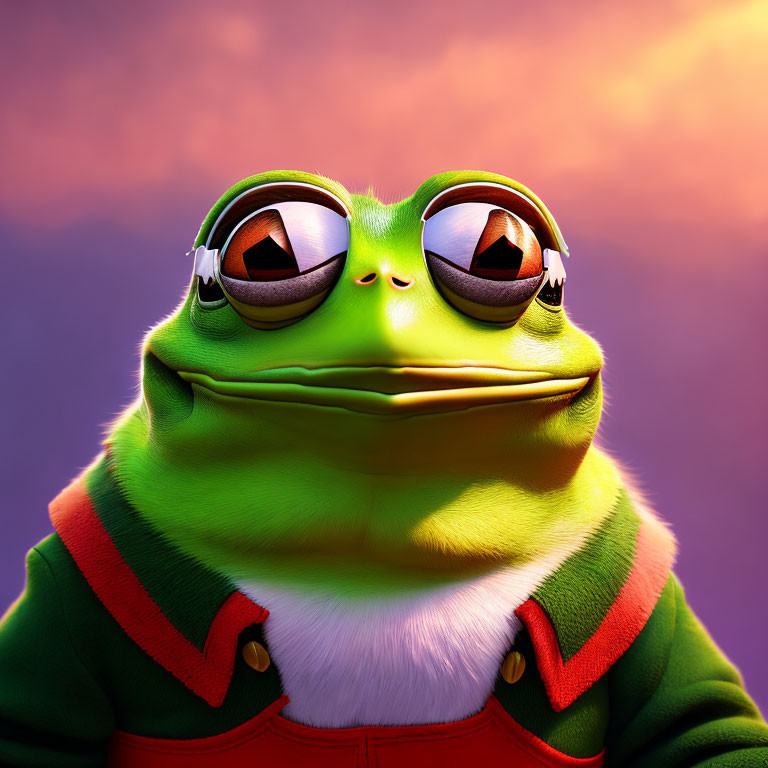 Stylized 3D illustration of green frog in human-like attire on purple backdrop