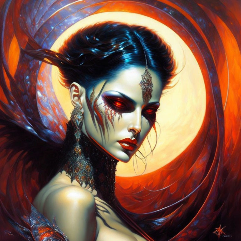 Vivid artwork featuring woman with red and black makeup and intricate head jewelry against fiery backdrop.