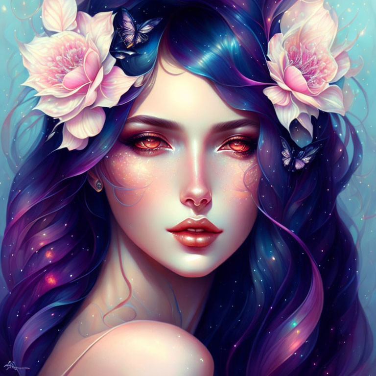 Cosmic-themed digital art portrait of a woman with pink flowers and butterflies