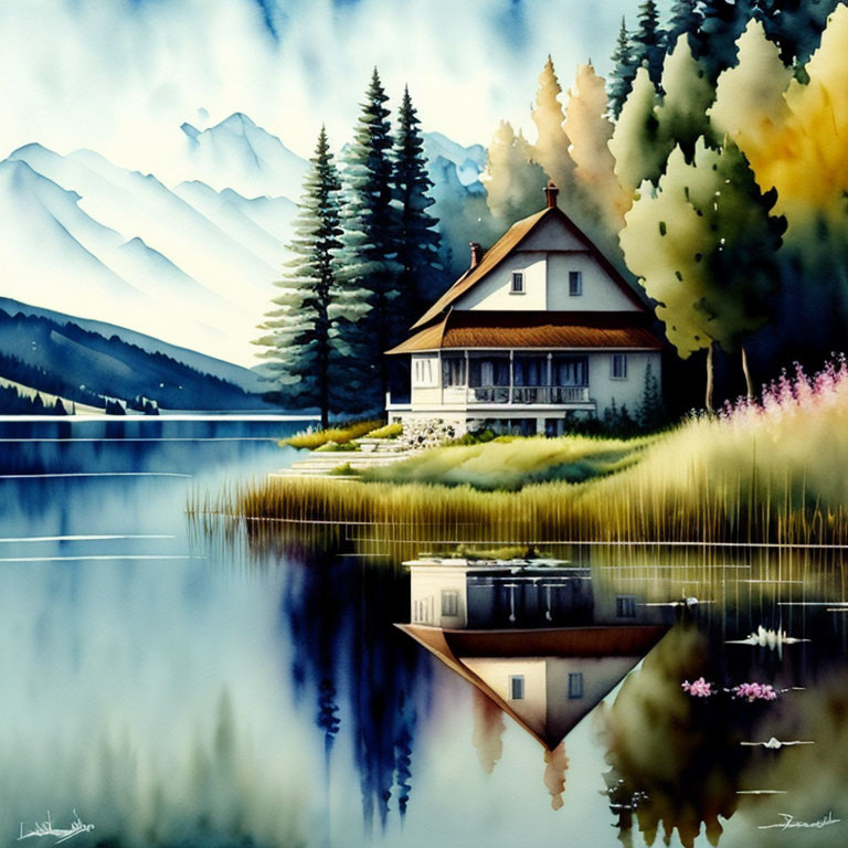 Tranquil watercolor painting of lakeside house, trees, and mountains