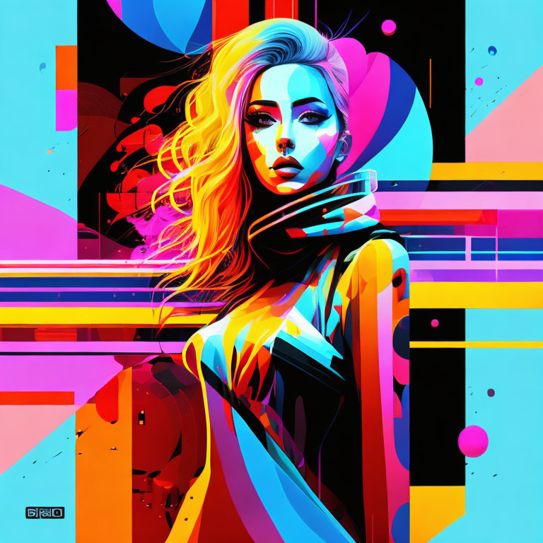 Colorful Abstract Digital Portrait of Woman with Flowing Hair