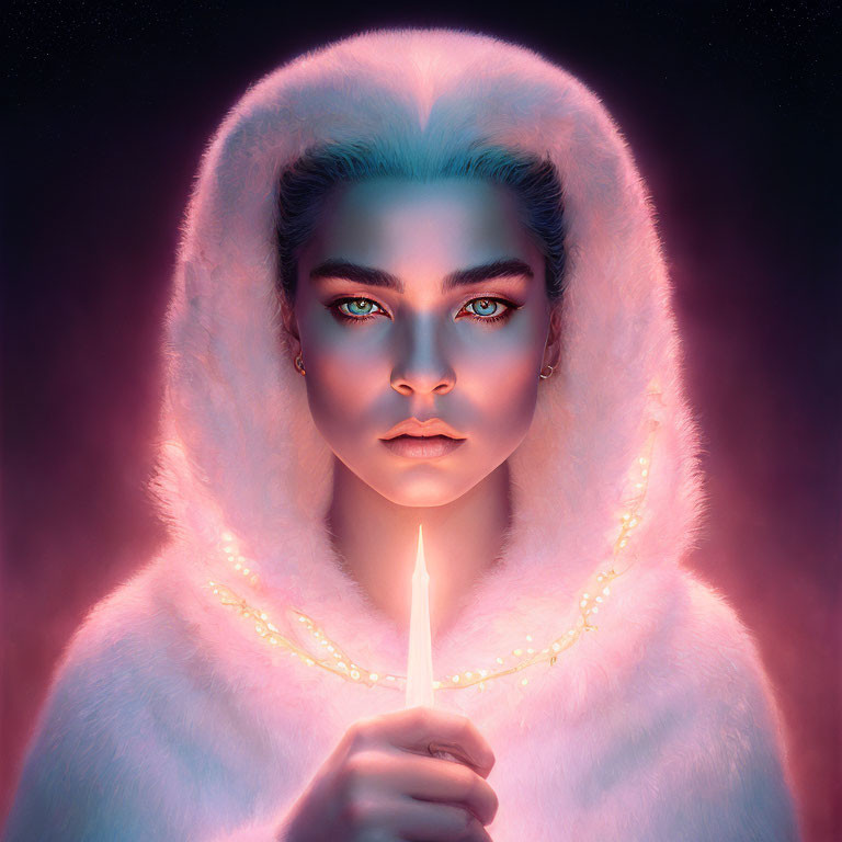 Person with Blue Eyes Holding Lit Candle in Pink Glow