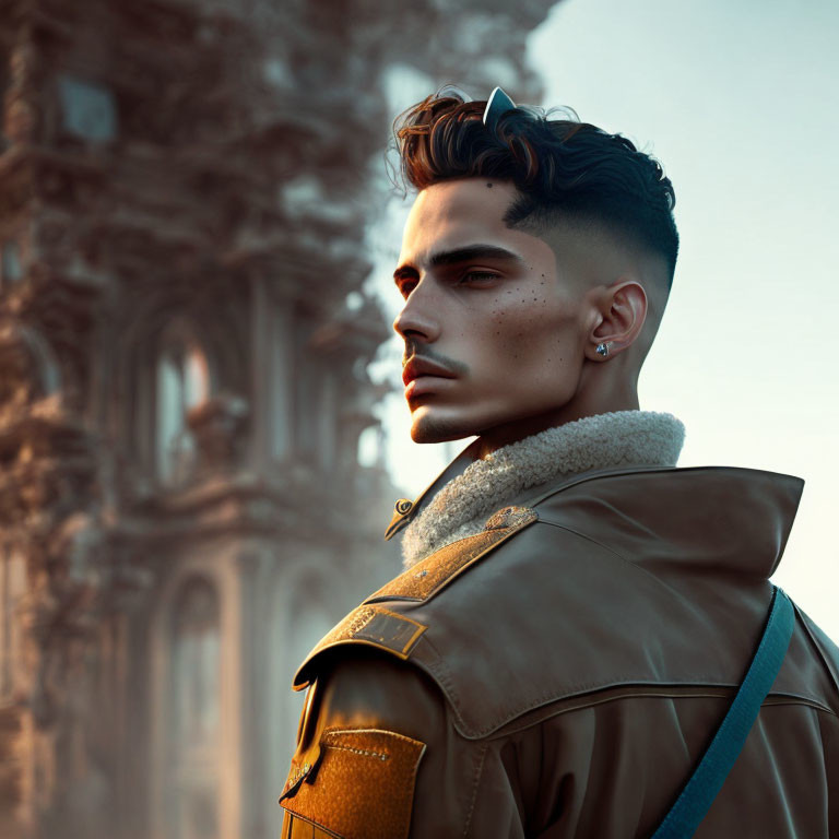 Fashionable man in shearling jacket poses against historic architecture