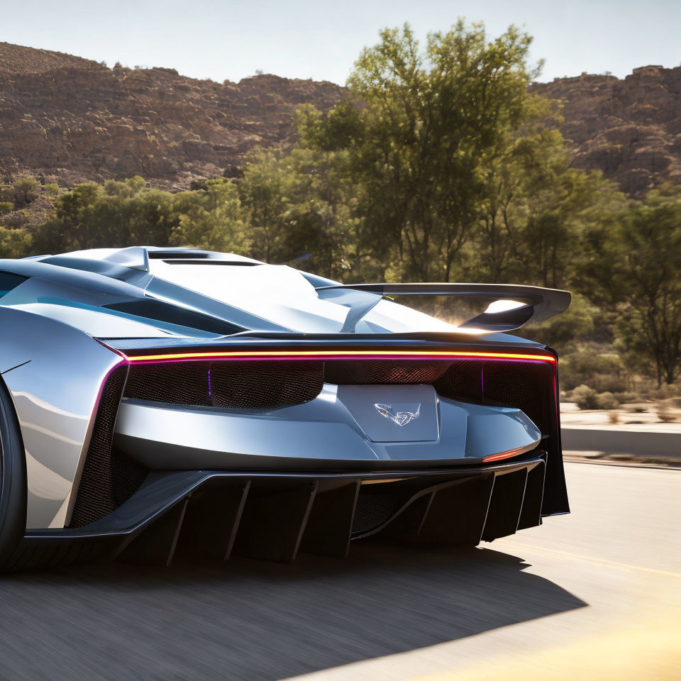 Blue Sports Car with Distinctive Taillights Speeding in Desert Landscape