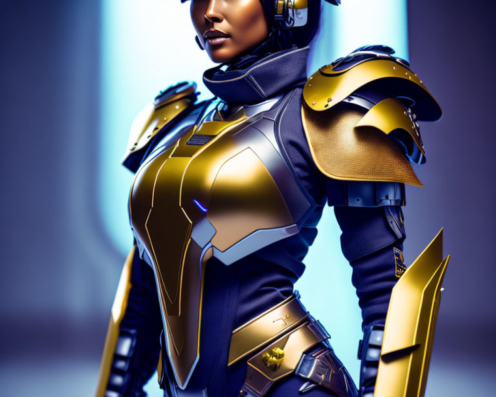 Futuristic warrior in gold and blue armor on blue gradient background