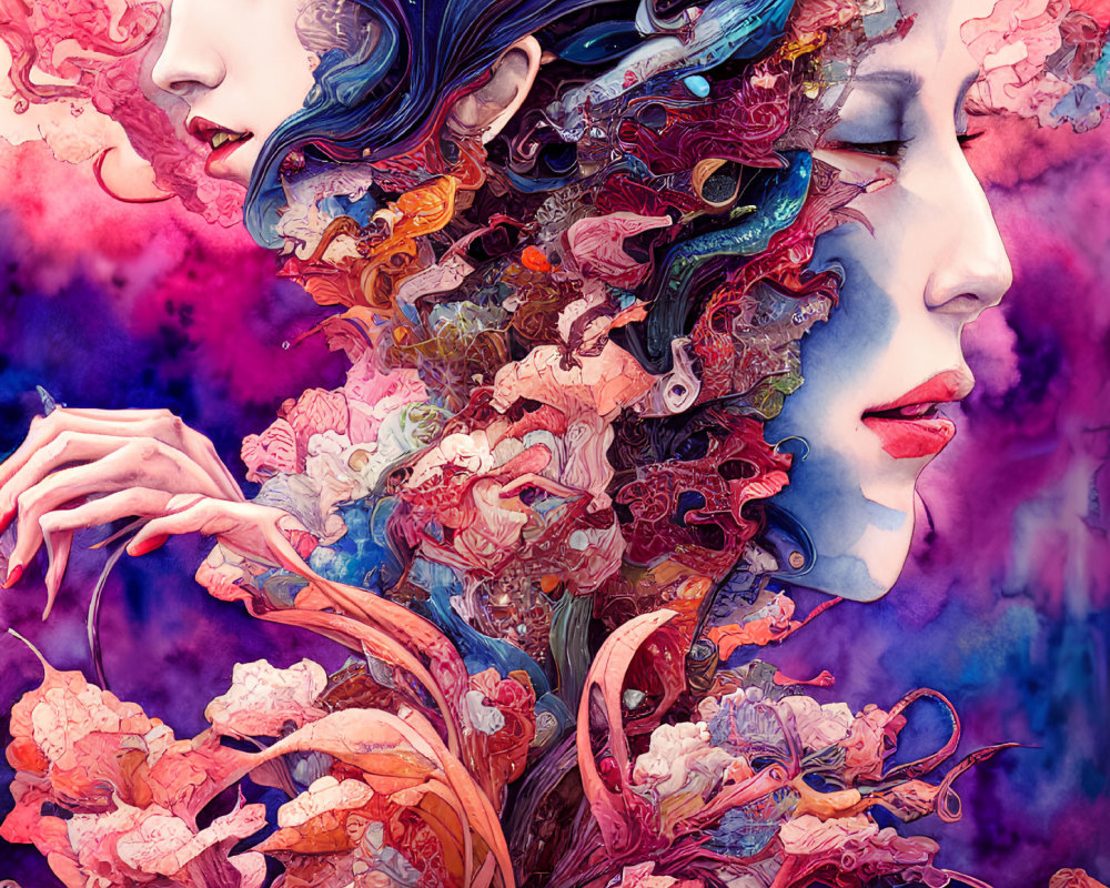 Colorful digital artwork: Stylized faces with floral and mechanical elements