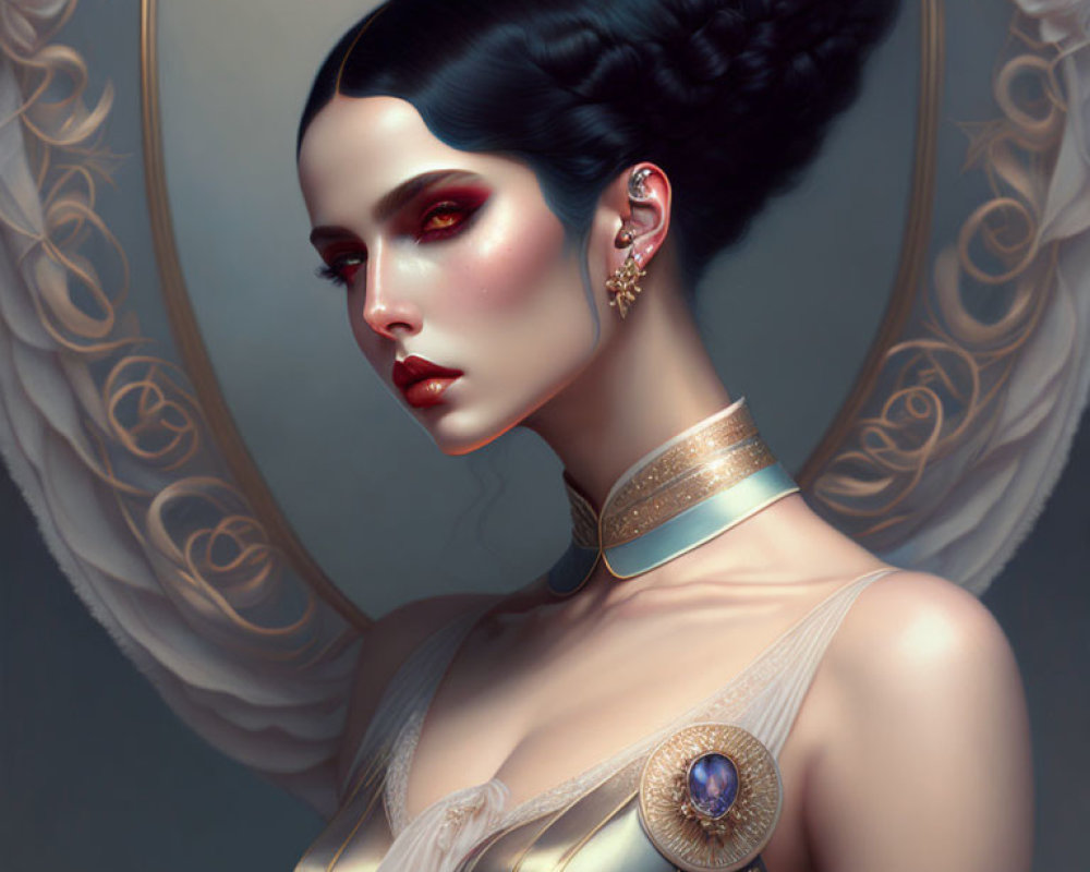 Regal woman portrait with braided updo and golden jewelry