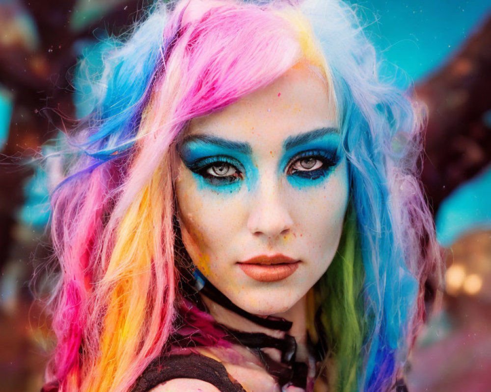 Vibrant rainbow hair and bold blue eyeshadow portrait with colorful bokeh.