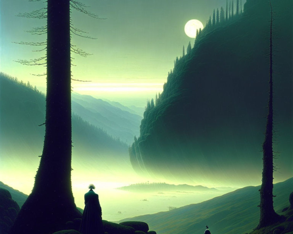 Cloaked figure and dog in lush forest under twilight sky with rising moon