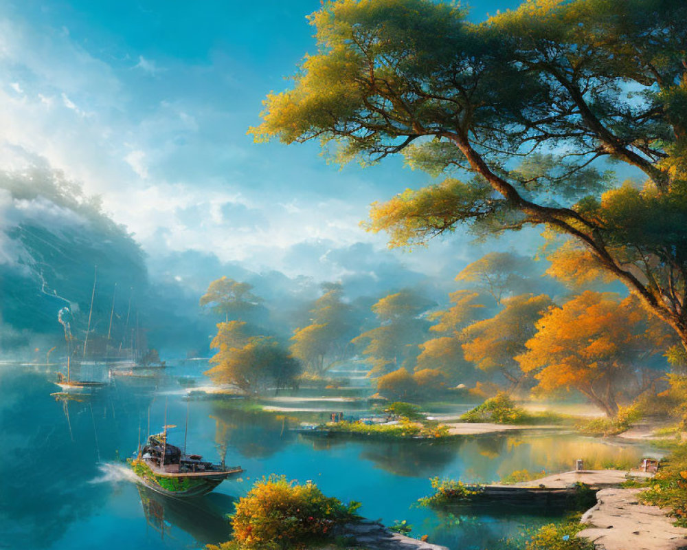 Tranquil riverscape with small boat, misty waters, lush trees, golden foliage, and