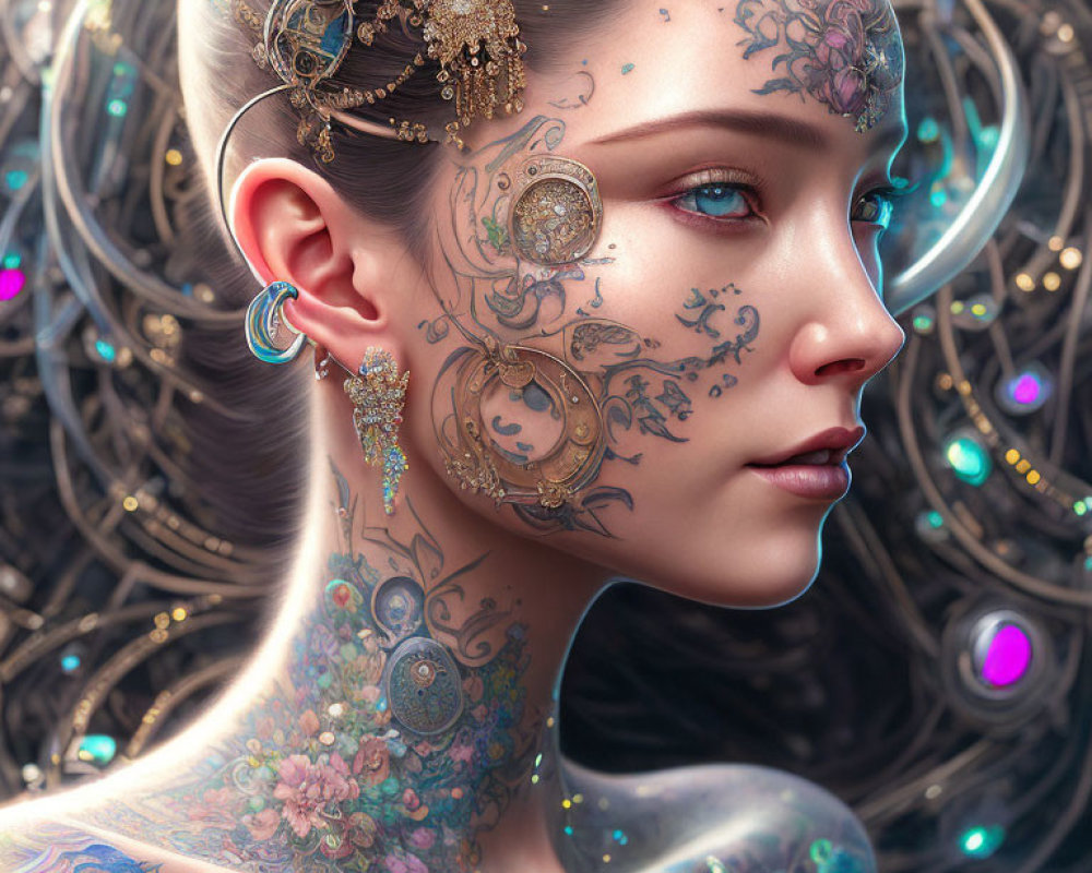 Detailed woman portrait with tattoos, jewelry, glowing jewels, and metallic backdrop