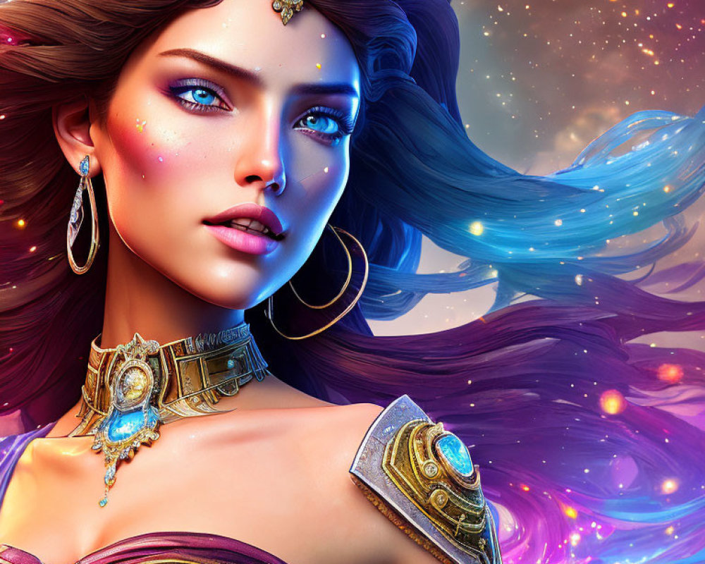 Vibrant digital artwork: Fantasy woman with purple hair and cosmic background