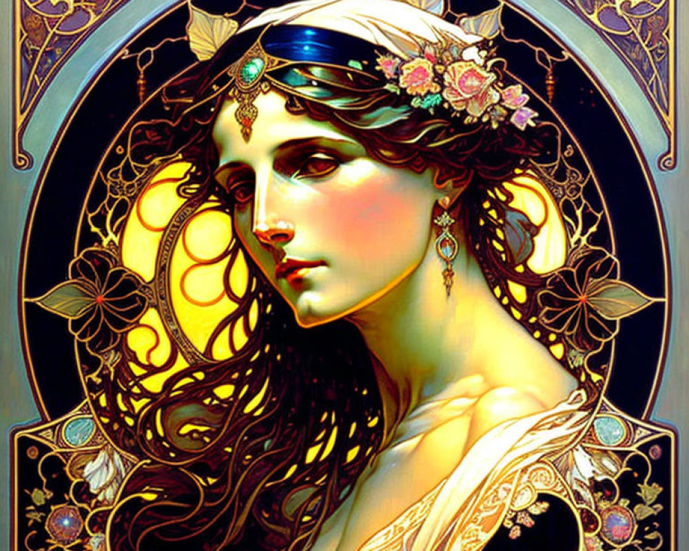 Art Nouveau Woman Illustration with Ornate Jewelry & Floral Frame