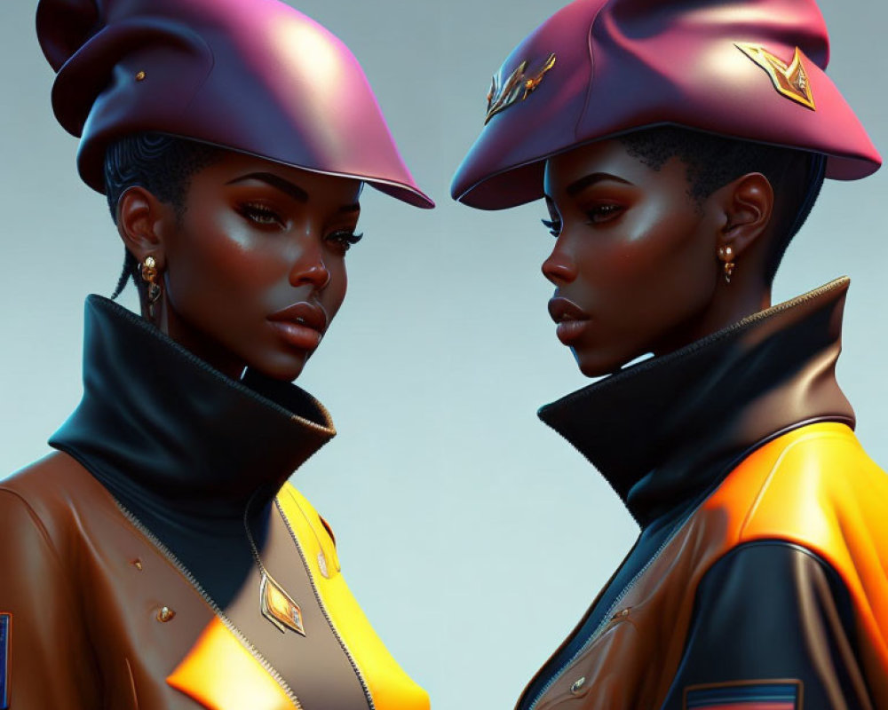 Stylized animated women in futuristic military uniforms & berets