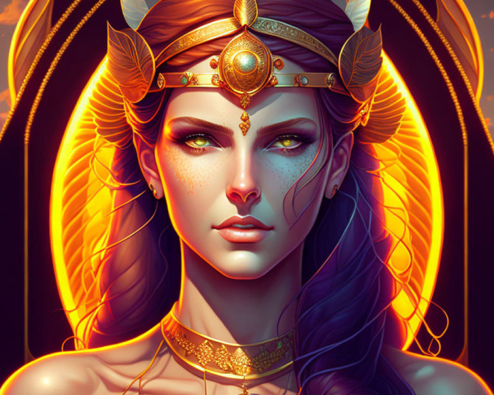 Fantasy Artwork: Woman with Pointed Ears & Golden Crown in Fiery Halo Setting