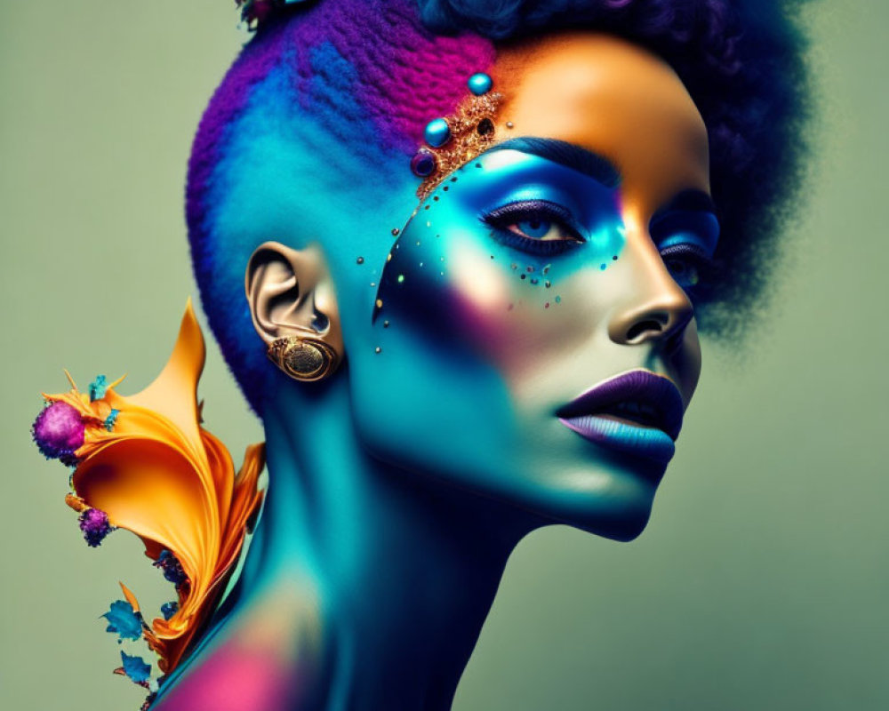 Colorful portrait of person in blue and purple body paint with vibrant makeup and floral hairpiece on teal